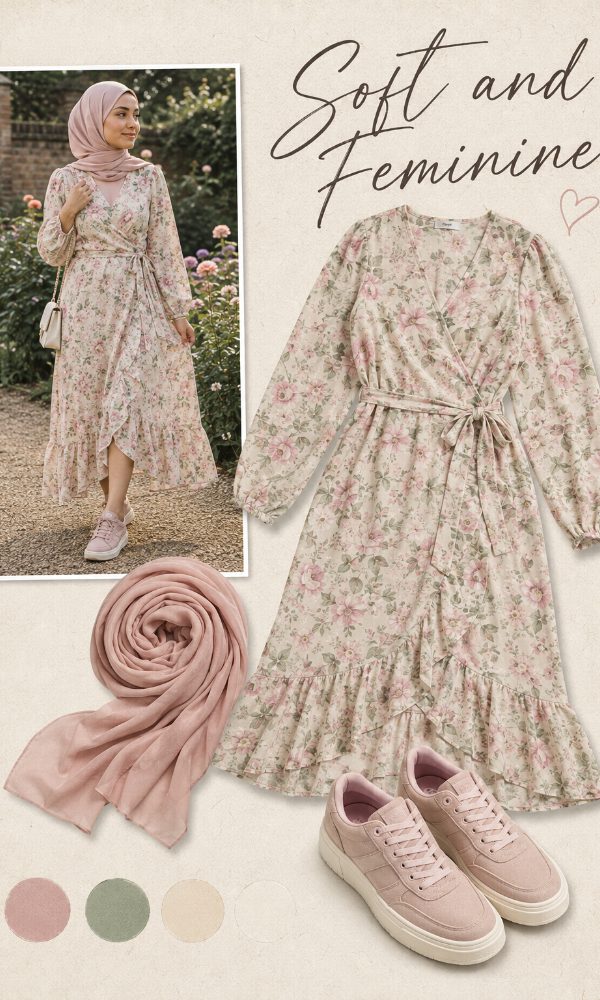 Floral Wrap Dress with Pastel Pink Sneakers for a Soft Feminine Contrast