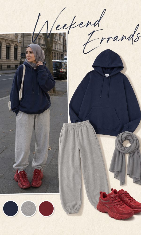Oversized Hoodie, Relaxed Joggers and Red Chunky Sneakers