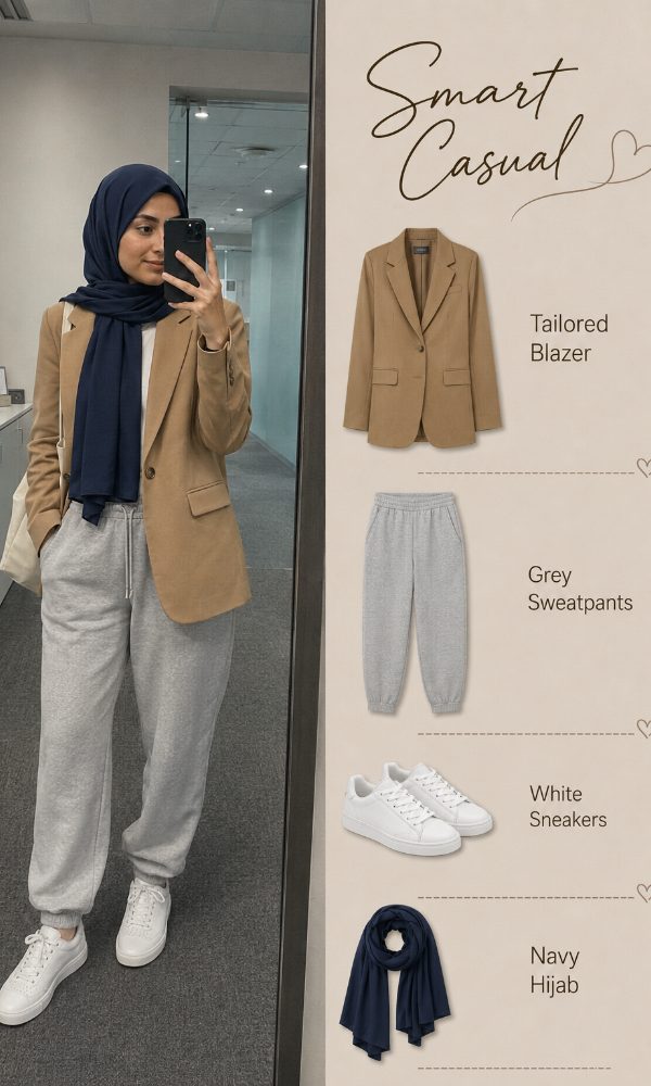 Tailored Blazer over Sweatpants with Slim White Sneakers