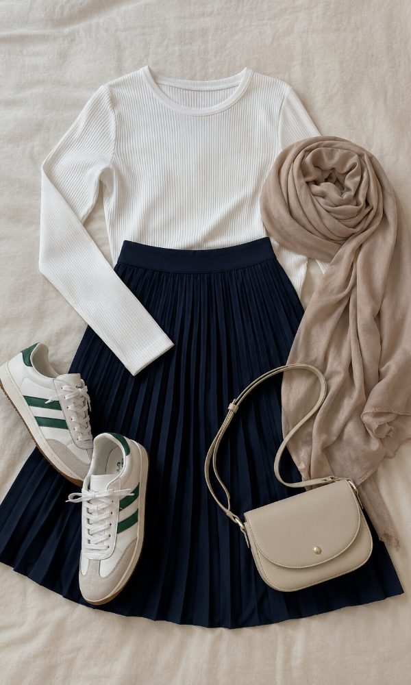 Pleated Midi Skirt with Colour-Block Sneakers Matched to Hijab