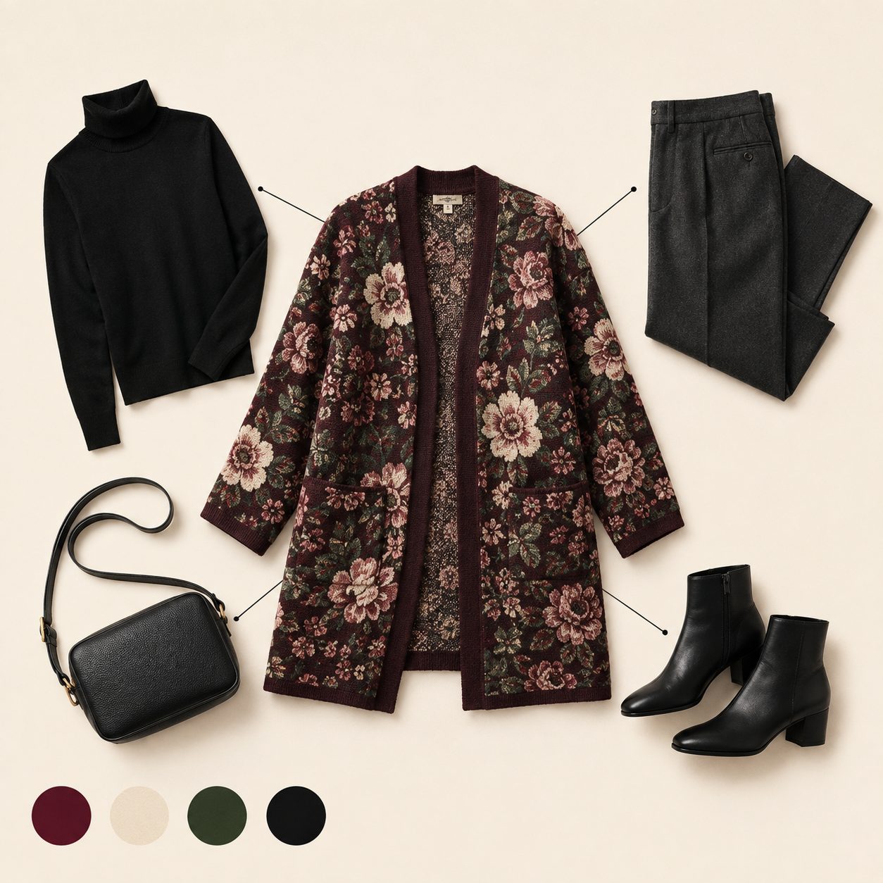 Floral Cardigan Layered Over a Turtleneck for a Chilly Commute