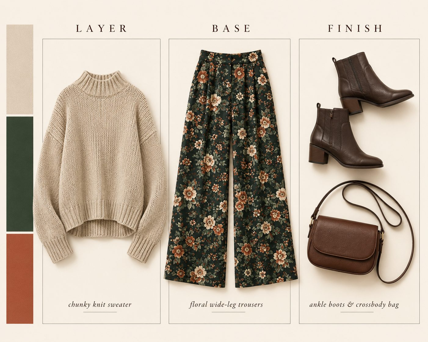 Floral Wide-Leg Trousers With a Chunky Knit Sweater