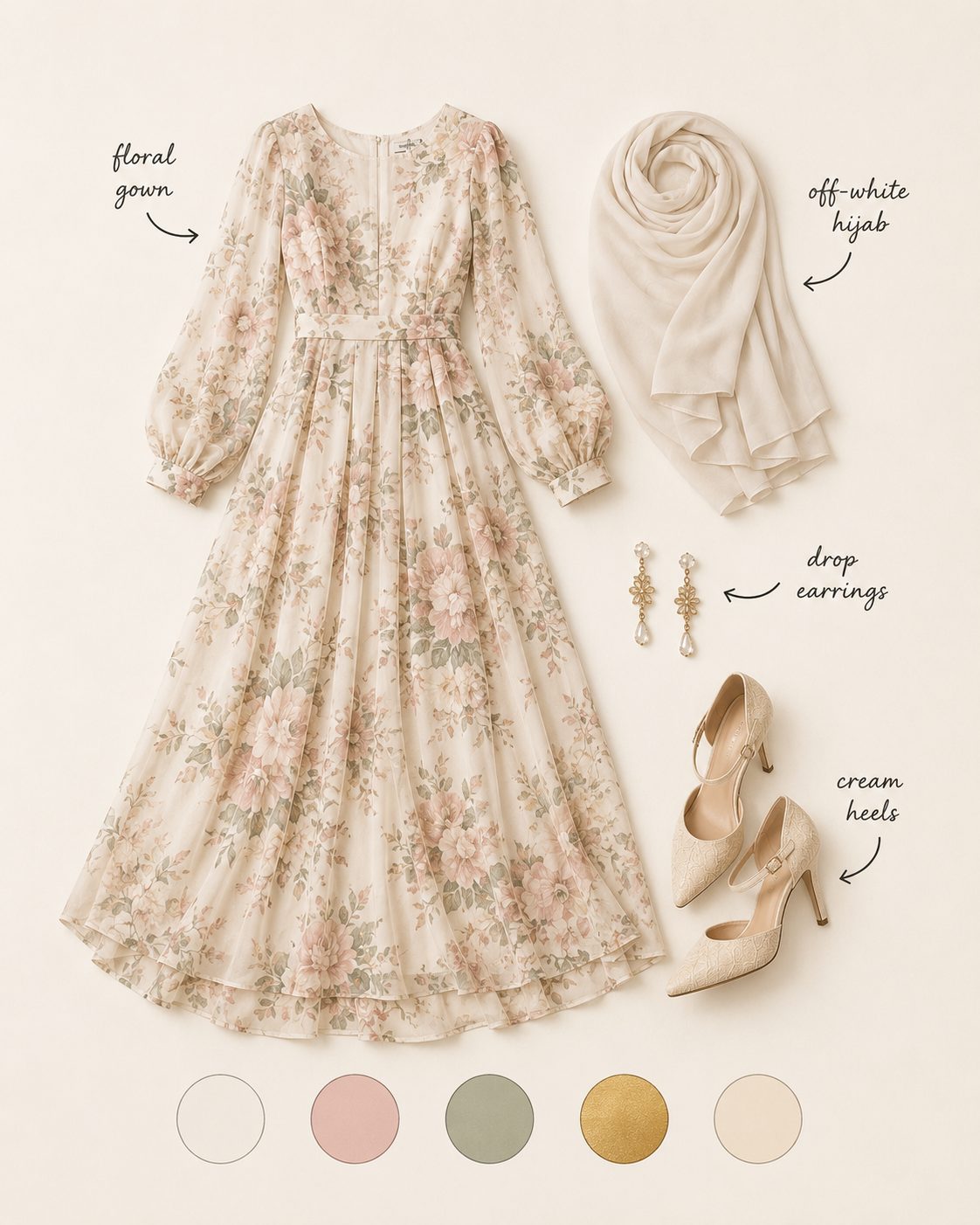 Off-White Floral Gown With a Matching Hijab for a Formal Event