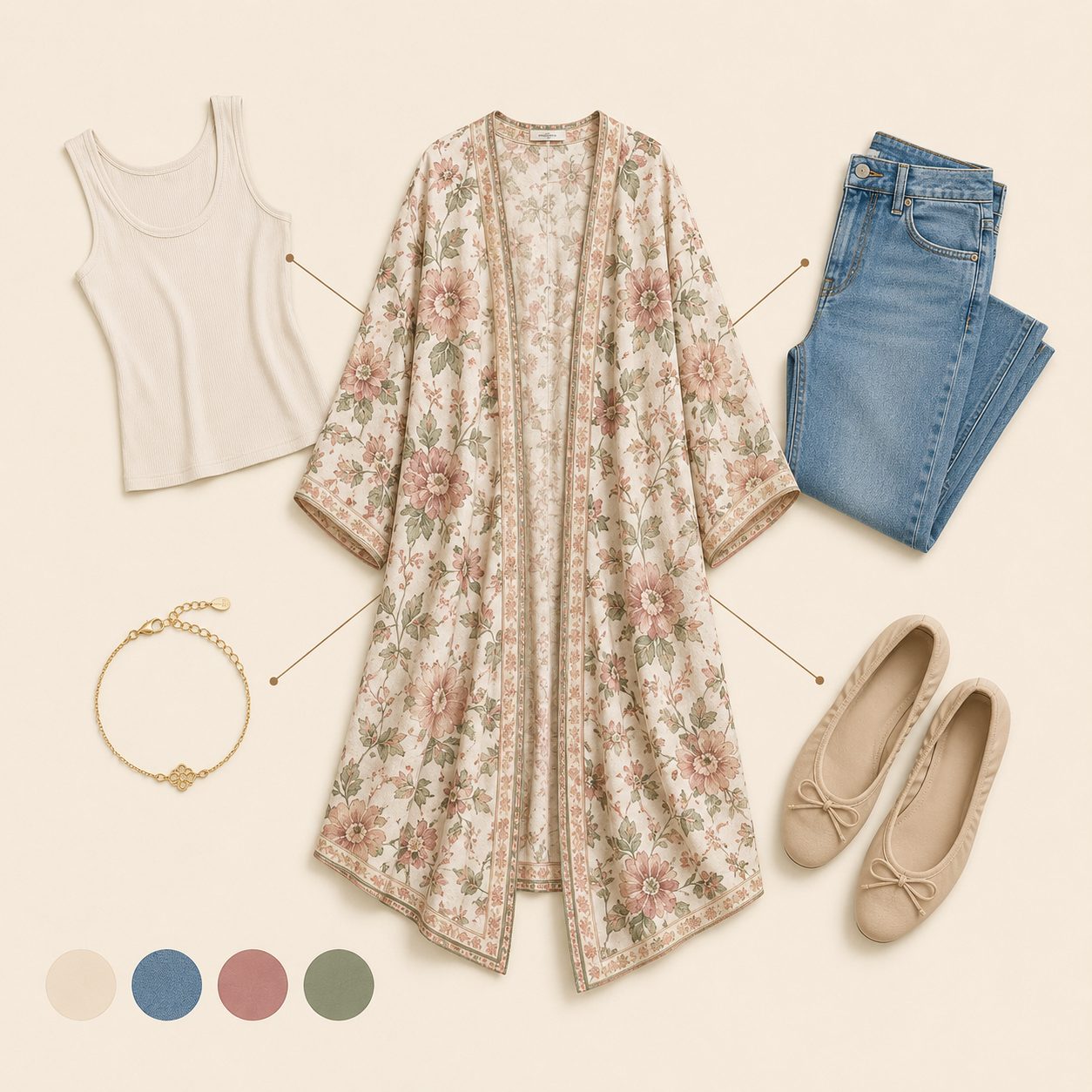 Floral Kimono Cardigan Over a Plain Tank and Jeans for Layering