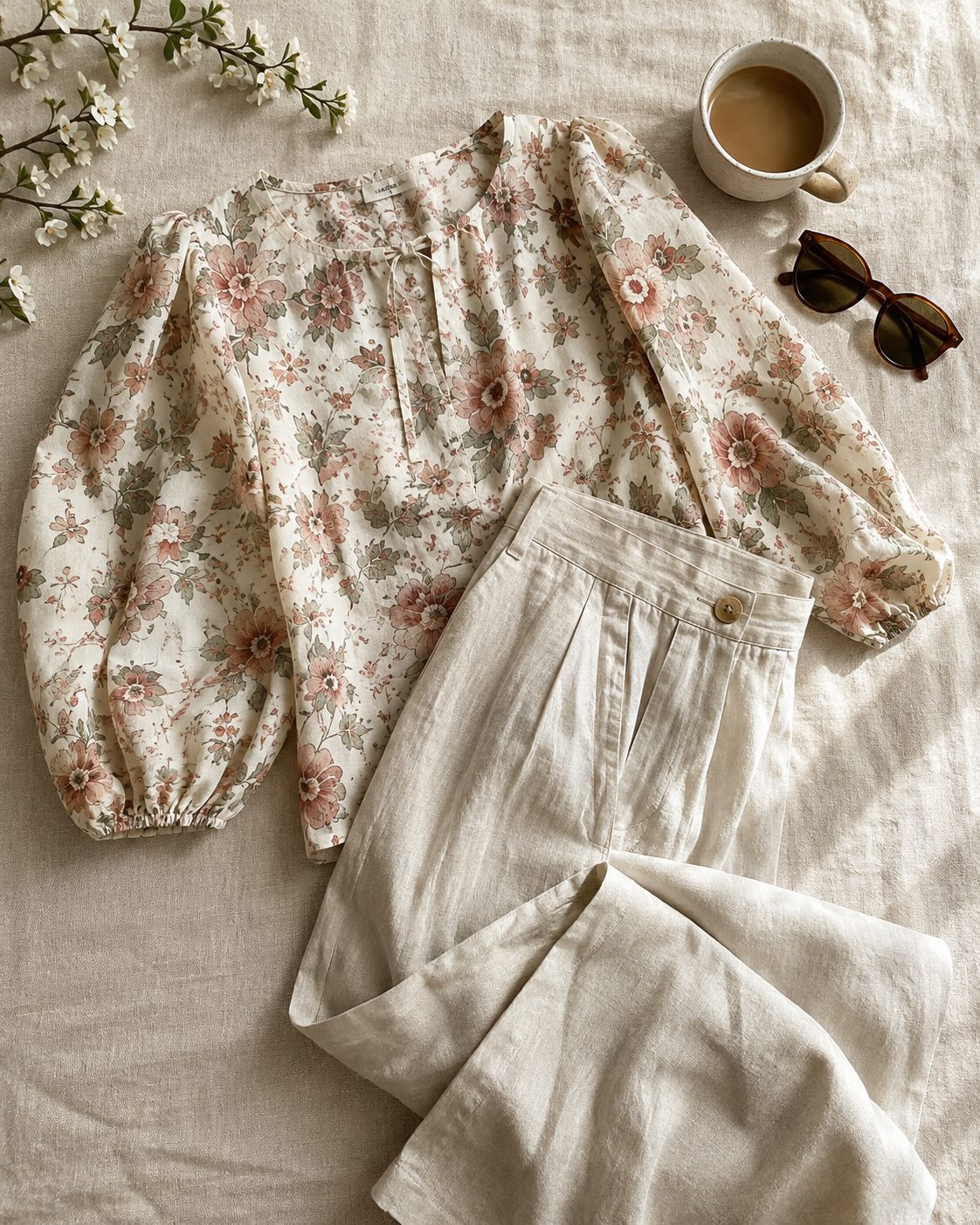 Floral Puff-Sleeve Blouse Tucked Into Linen Trousers for a Brunch