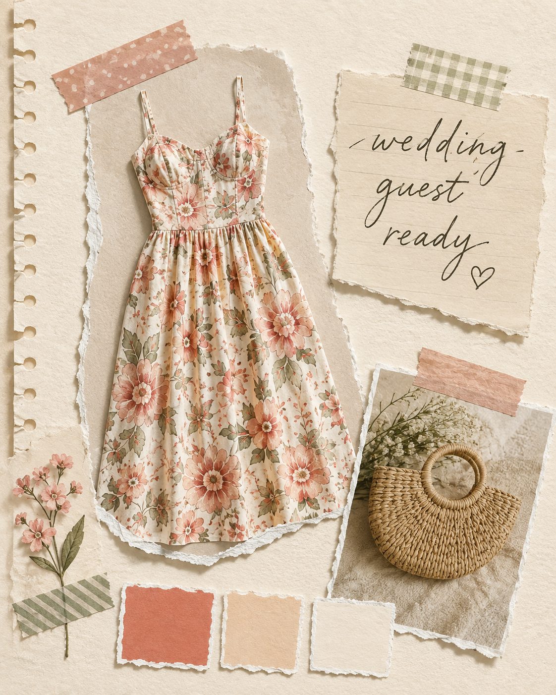 Floral Sundress With a Straw Bag for an Outdoor Wedding Guest Look