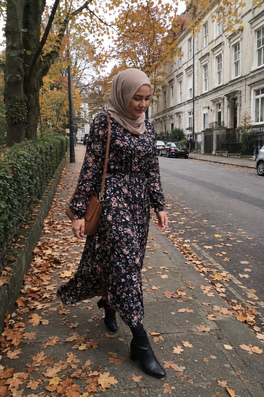 Dark Floral Midi Dress With Ankle Boots for a Fall Dinner