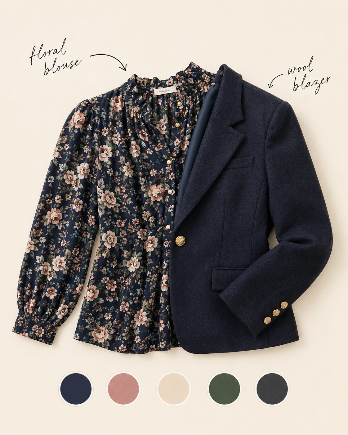 Floral Blouse Under a Wool Blazer for a Cooler Office Day
