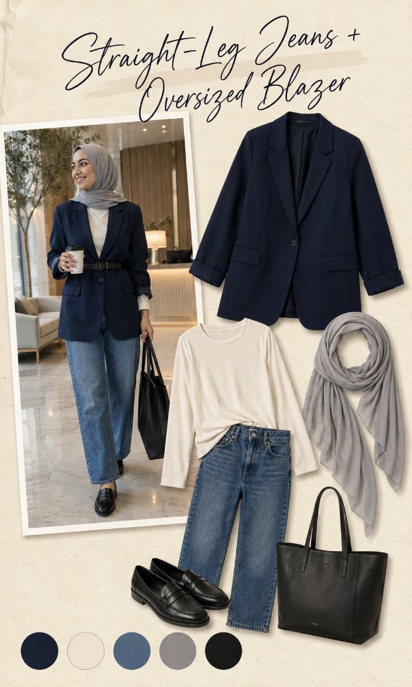 Straight-leg jeans with an oversized blazer for the office