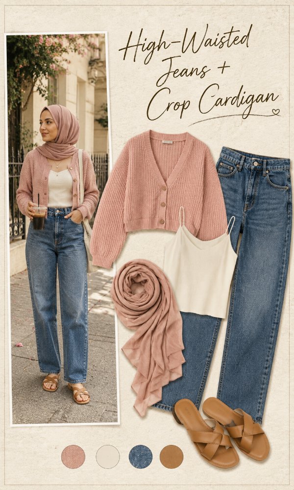 High-waisted jeans with a crop-length cardigan and longline cami
