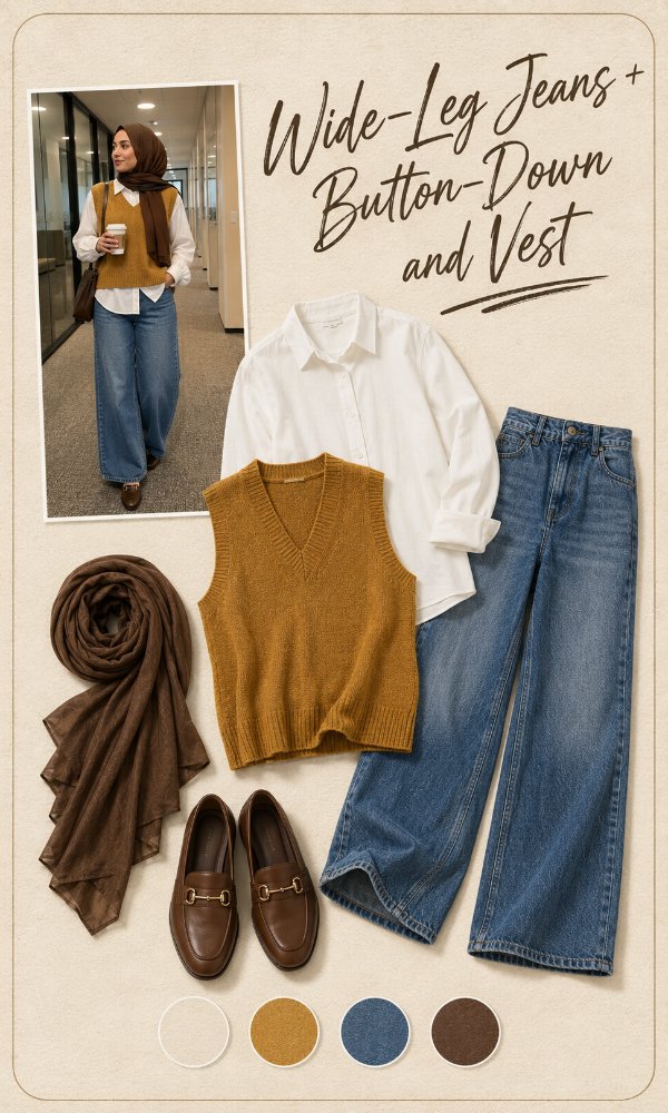 Wide-leg jeans with a button-down and vest for smart-casual work