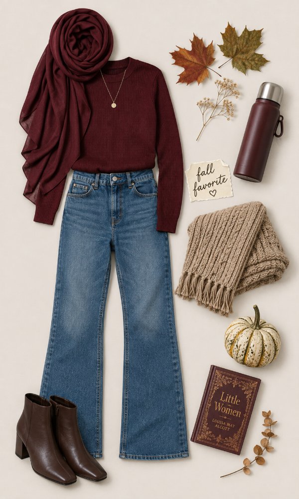 Bootcut jeans with a fitted sweater and ankle boots for fall