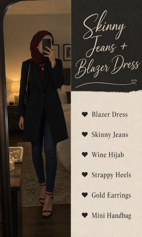 Skinny jeans with a blazer dress over them for an evening out