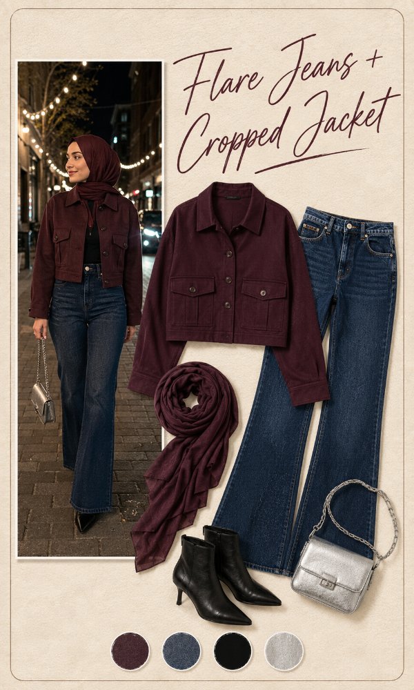 Flare jeans with a cropped jacket for a night-out look
