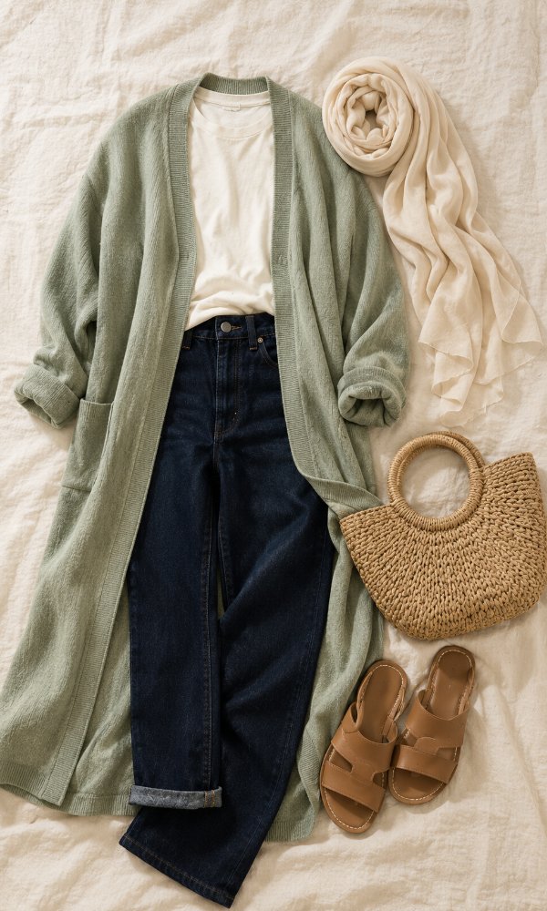 Straight jeans with a maxi cardigan for a modest layered outfit
