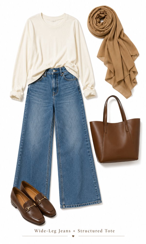 Wide-leg jeans with a structured tote and loafers for travel days