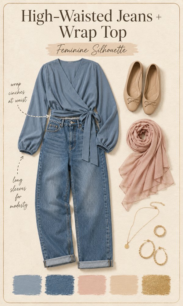 High-waisted jeans with a wrap top for a feminine silhouette