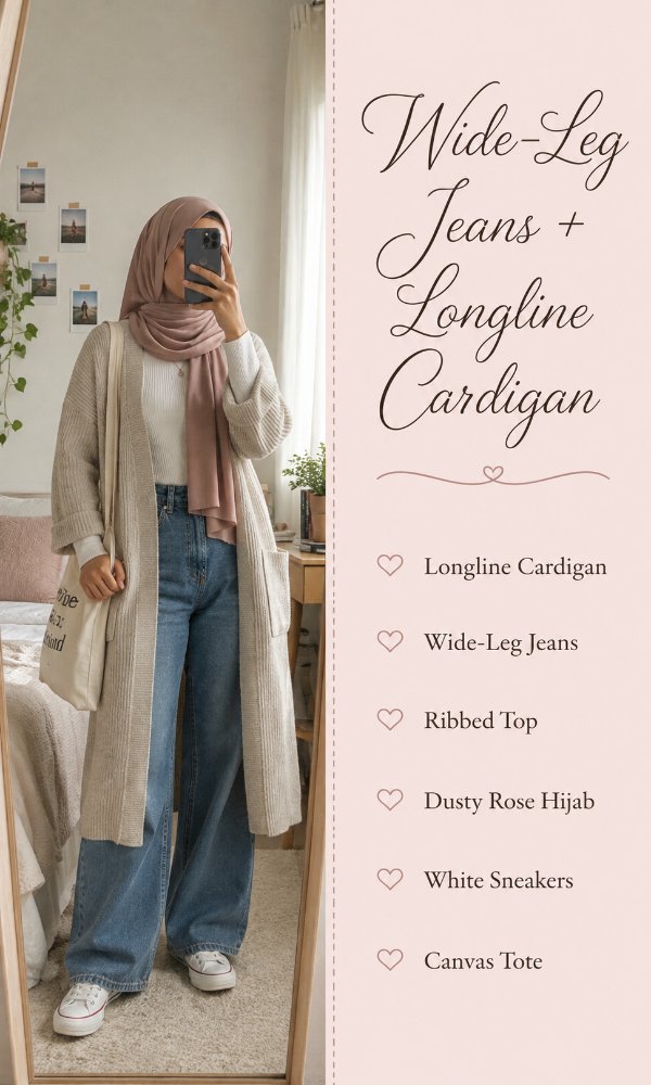 Wide-leg jeans with a longline cardigan for a coffee run
