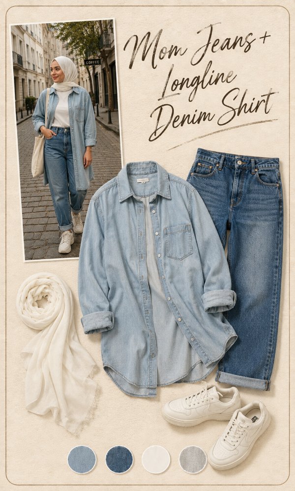 Mom jeans with a longline denim shirt for a monochrome denim look