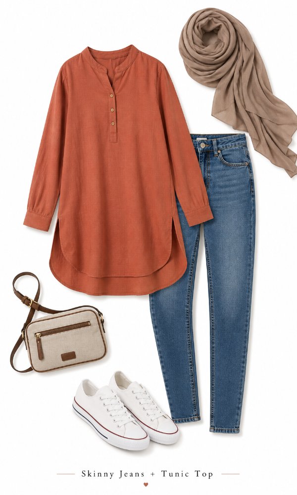 Skinny jeans with a tunic top for a casual day out