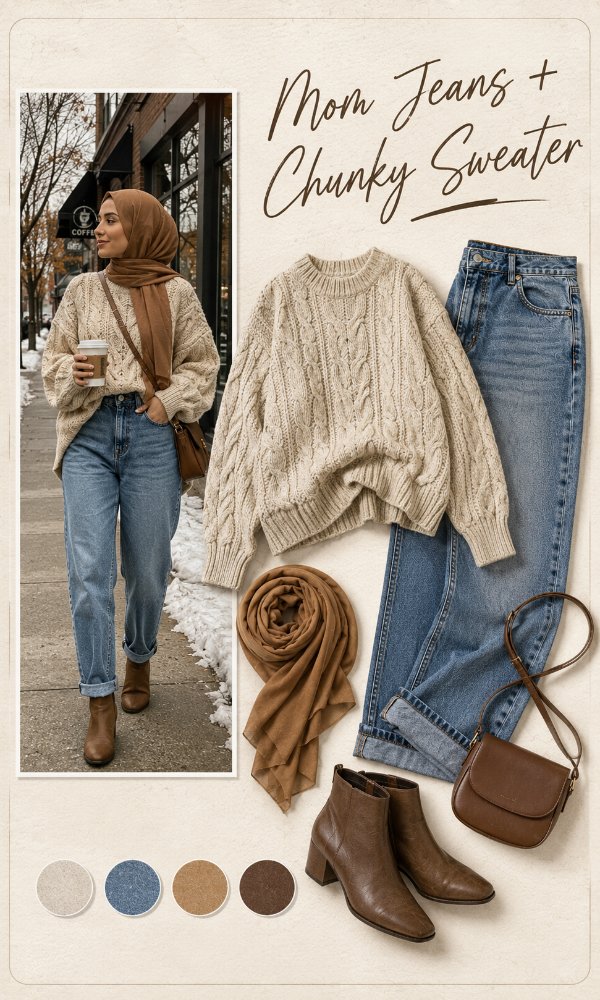 Mom jeans with a chunky sweater for a cold-weather errand day