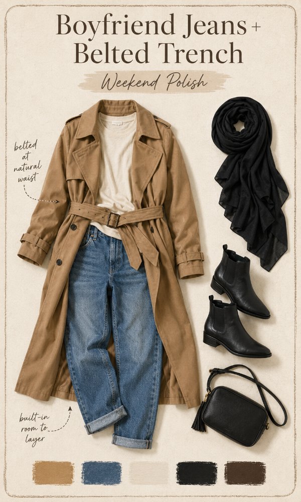 Boyfriend jeans with a belted trench for a polished weekend look