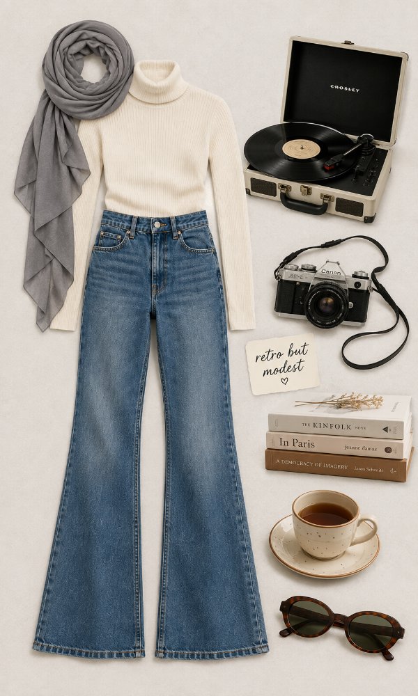 Flare jeans with a fitted turtleneck for a retro-inspired outfit
