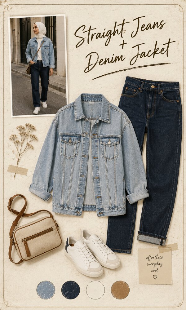 Straight jeans with a denim jacket for a double-denim moment