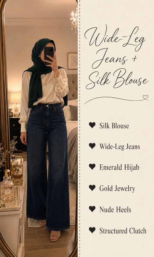 Wide-leg jeans with a silk blouse for a dressed-up casual look