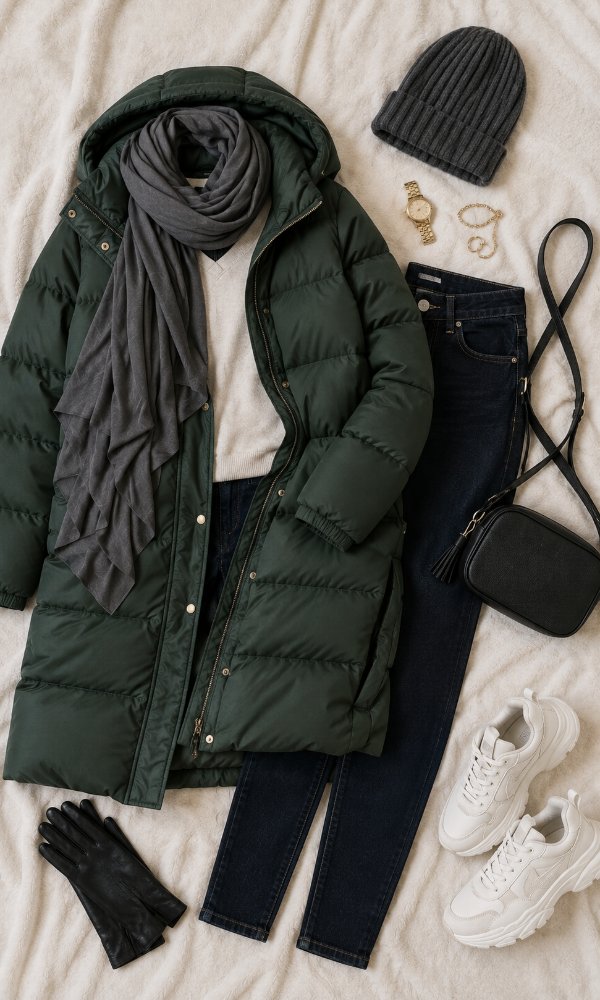 Skinny jeans with a longline puffer for a practical winter outfit