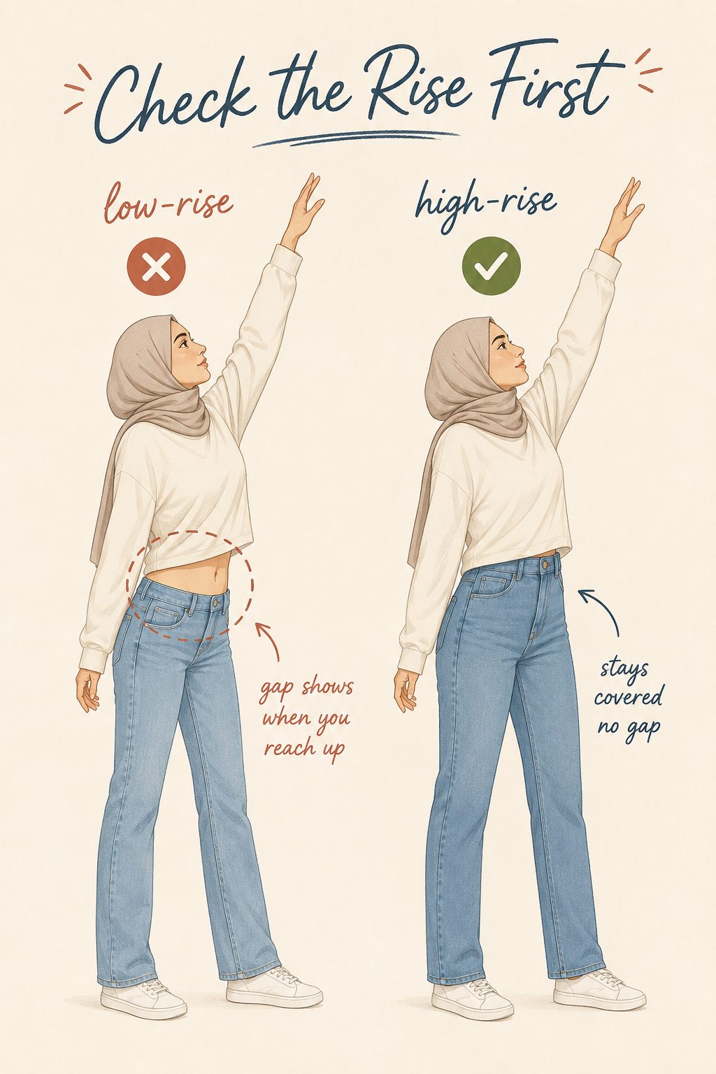 Choose high-rise jeans so there's no gap when you reach up or bend