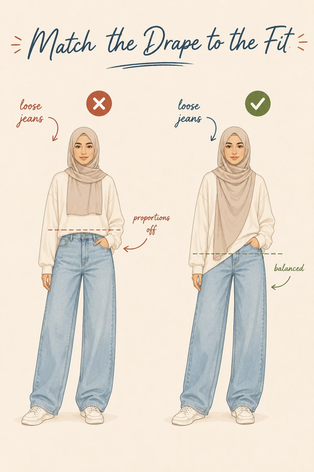 Match the hijab drape length to the jeans fit