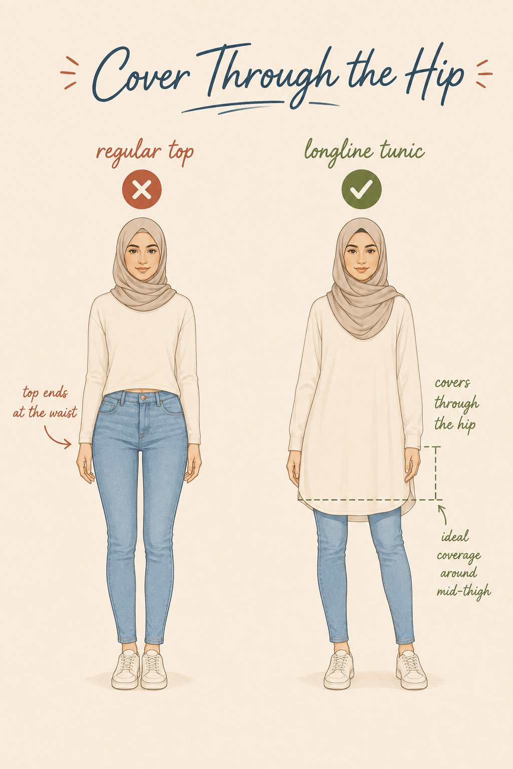 Pick a longline top or tunic that covers the hip when jeans are fitted