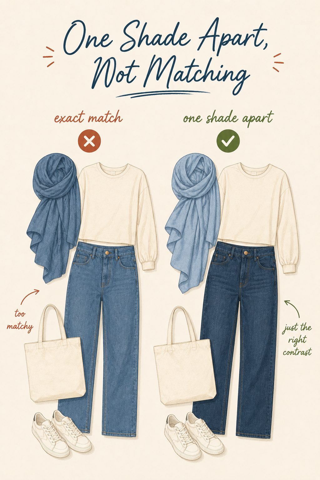 Go one shade apart between hijab and jeans instead of matching exactly