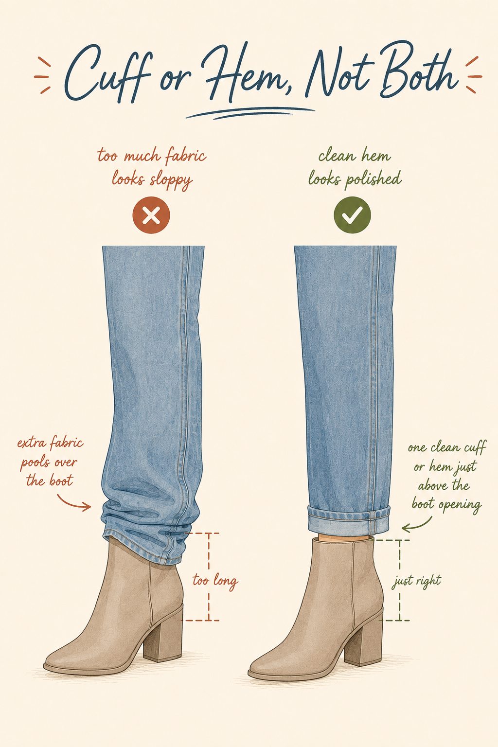 Choose structured denim for wide-leg and flare cuts so they hold their shape
