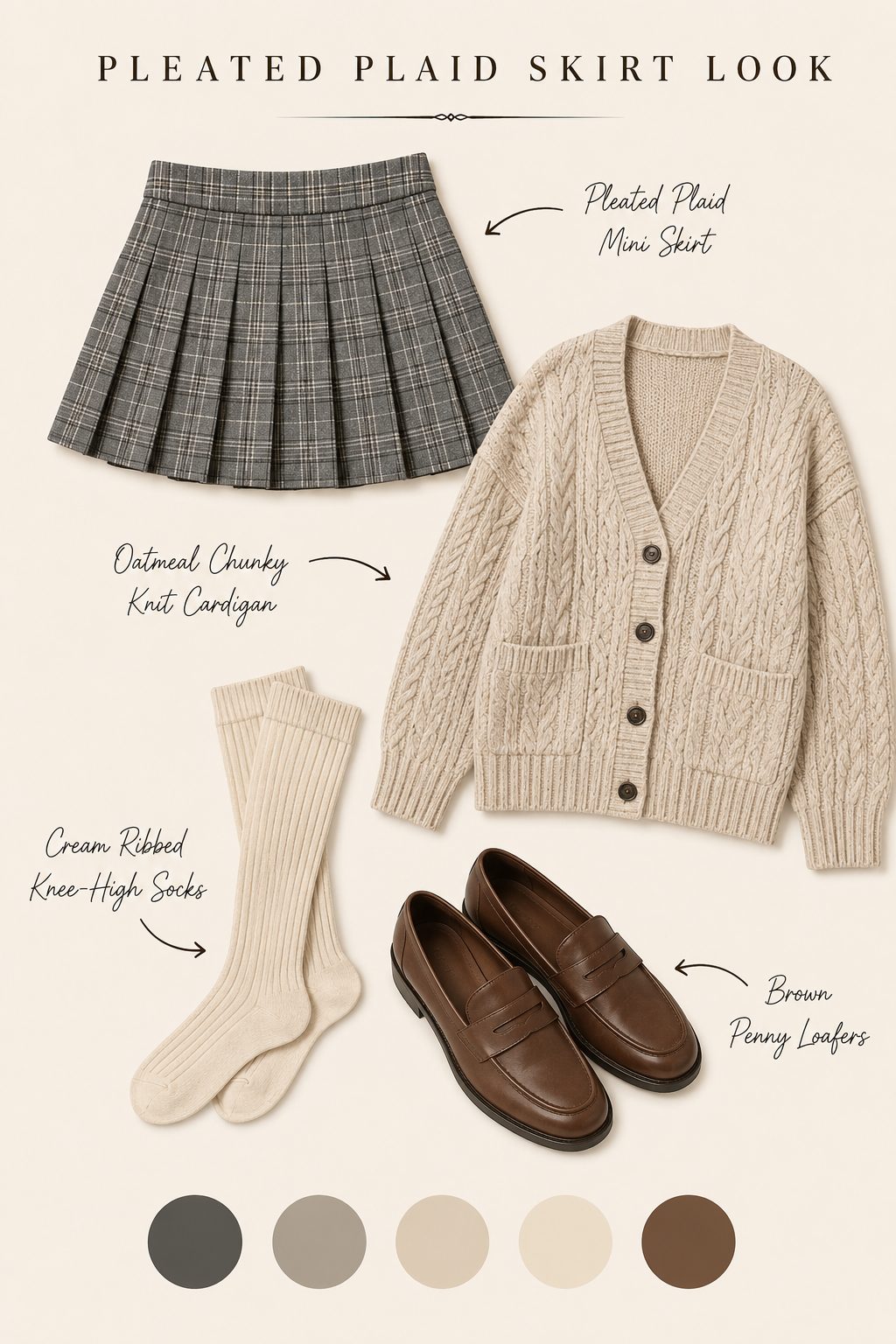 Flat-lay collage of a pleated plaid mini skirt, oatmeal cardigan, cream knee-high socks, and brown loafers