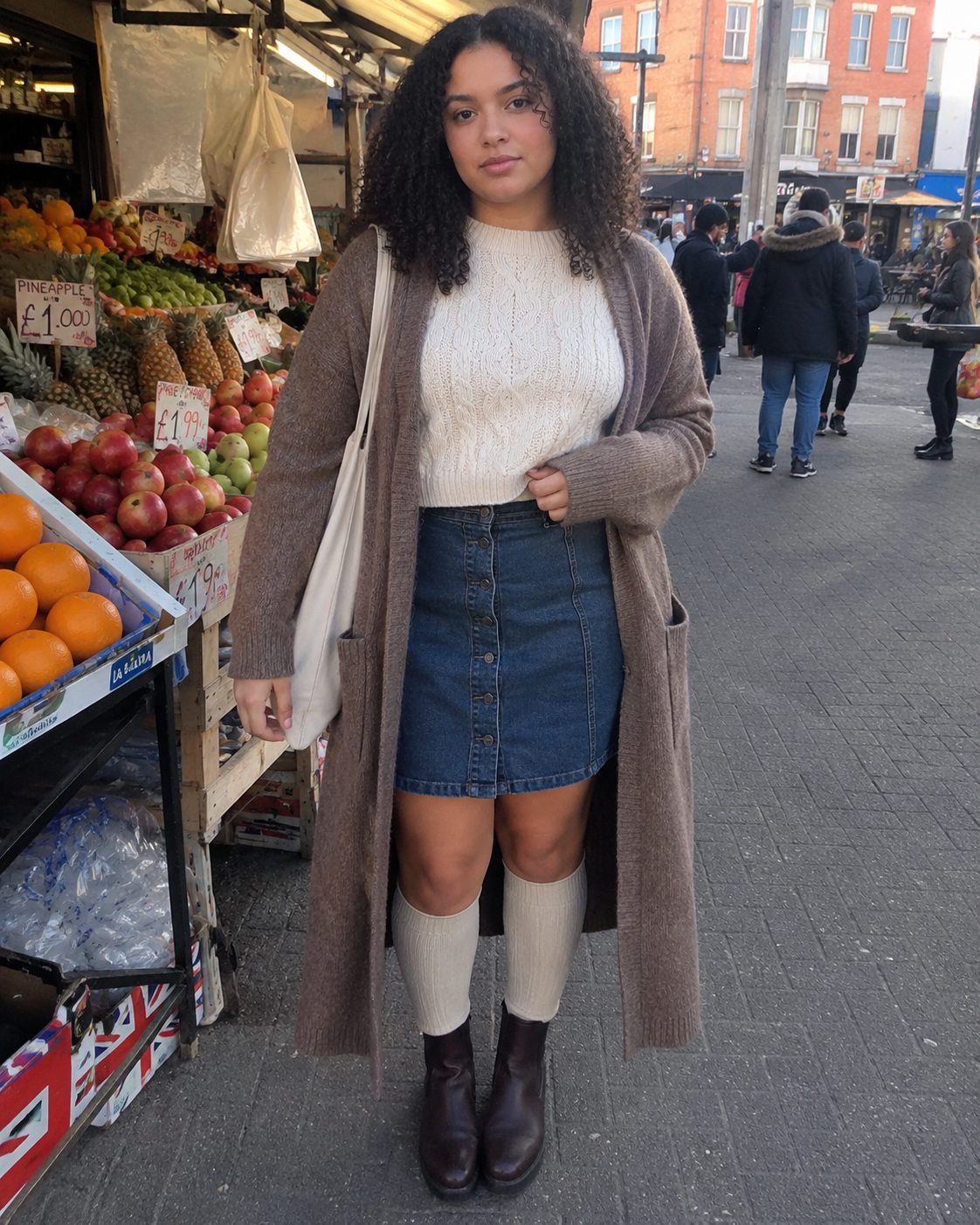 Ribbed wool knee-high socks styled with a skirt for a plus-size or fuller calf