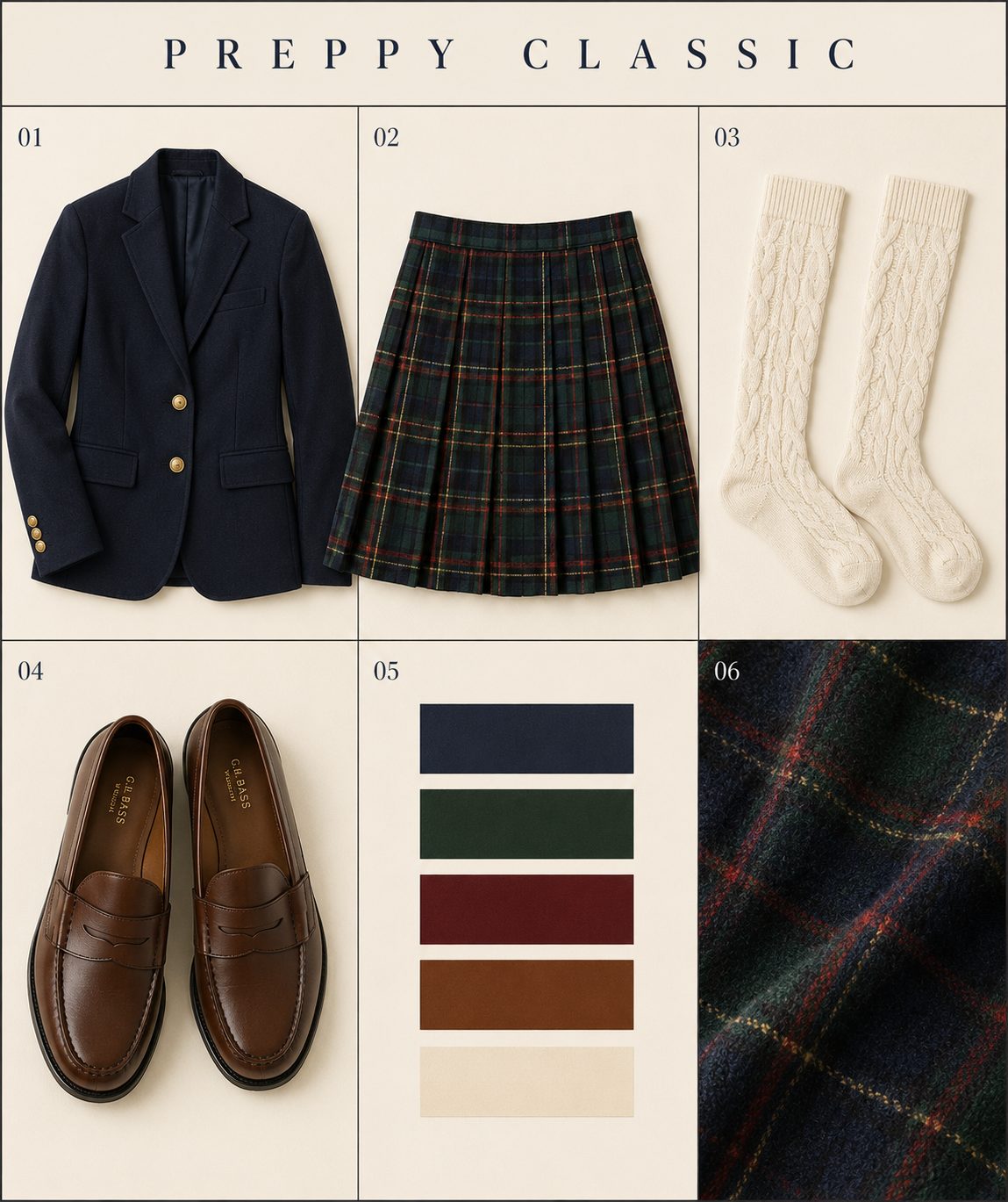 White shorts, a beige sweater, brown boots, and knee-high socks for holiday outfit mixing