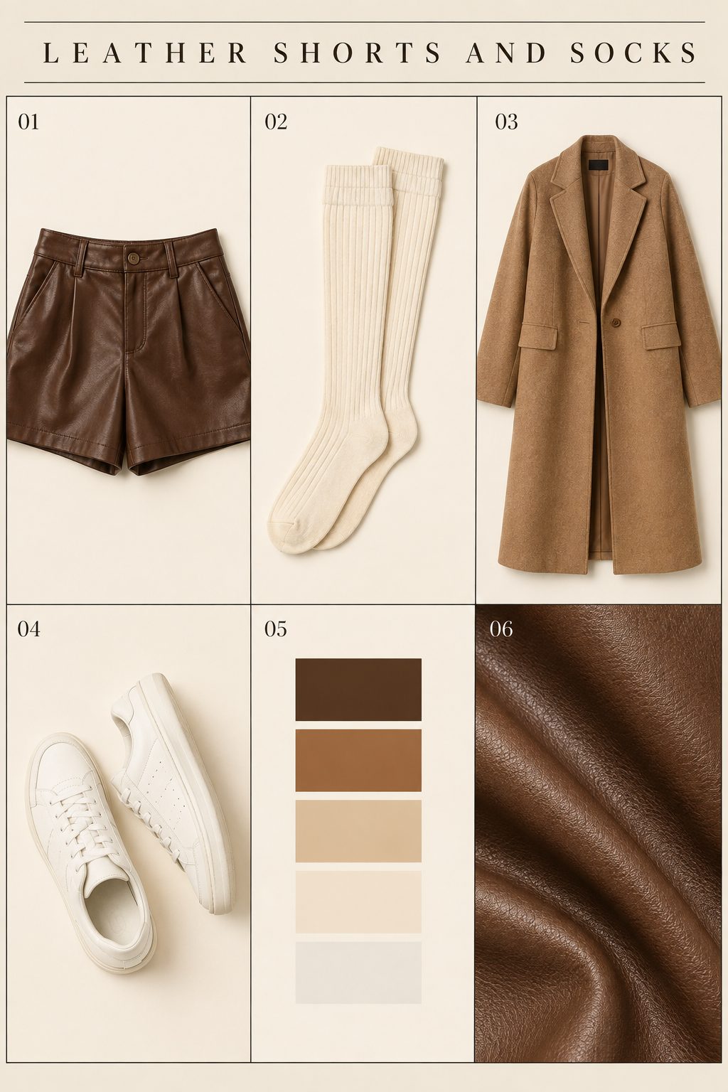Brown faux-leather shorts styled with cream knee-high socks and a long camel wool coat for fall