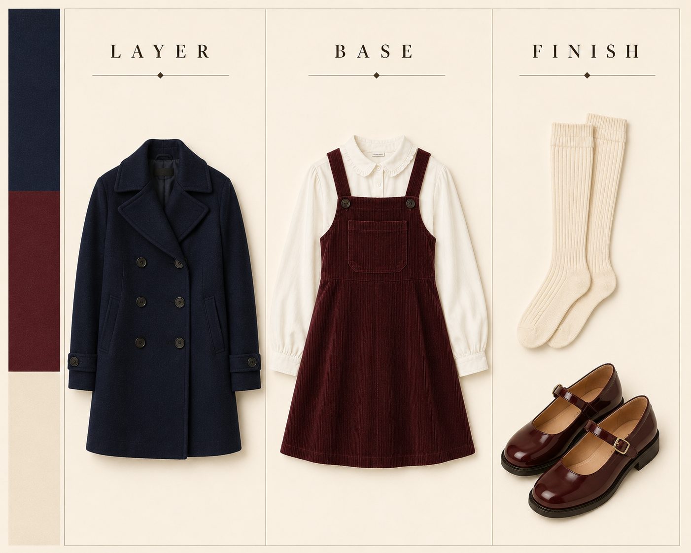 Winter dress with heeled boots and knee-high socks in a matching tone plus a beanie