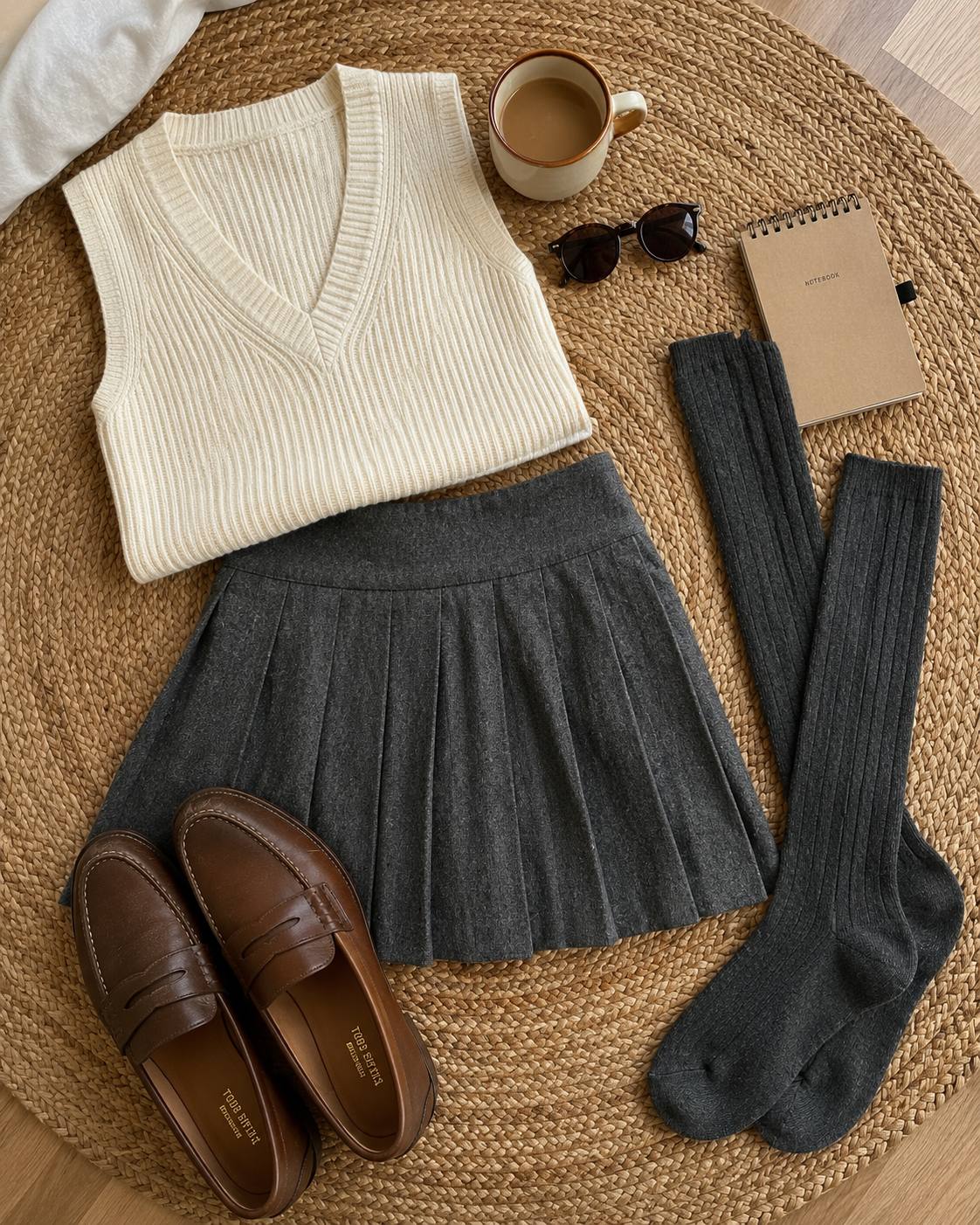 Leather mini skirt layered with an oversized sweater, knee-high socks, and stiletto heels for the office