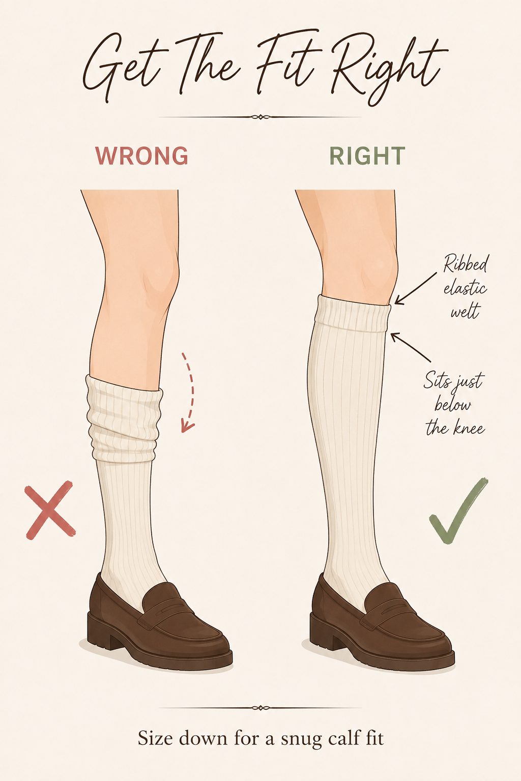 Diagram showing wrong vs right way to size knee high socks for a snug calf fit