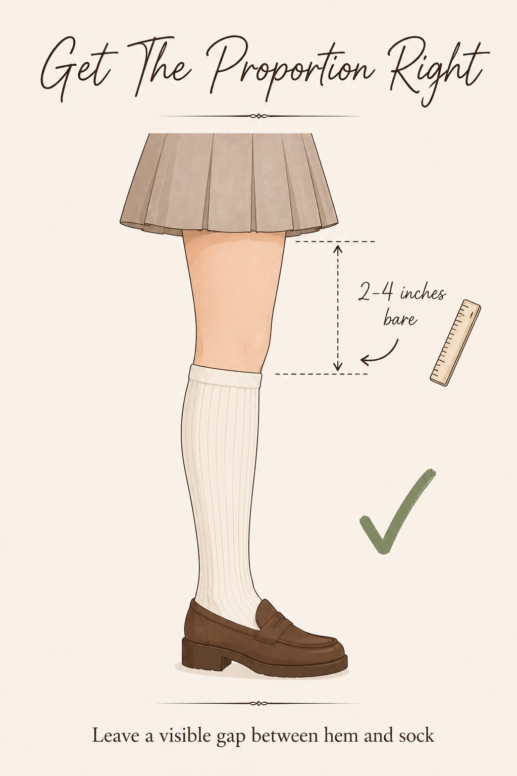 Diagram showing the correct 2 to 4 inch gap between skirt hem and knee high sock