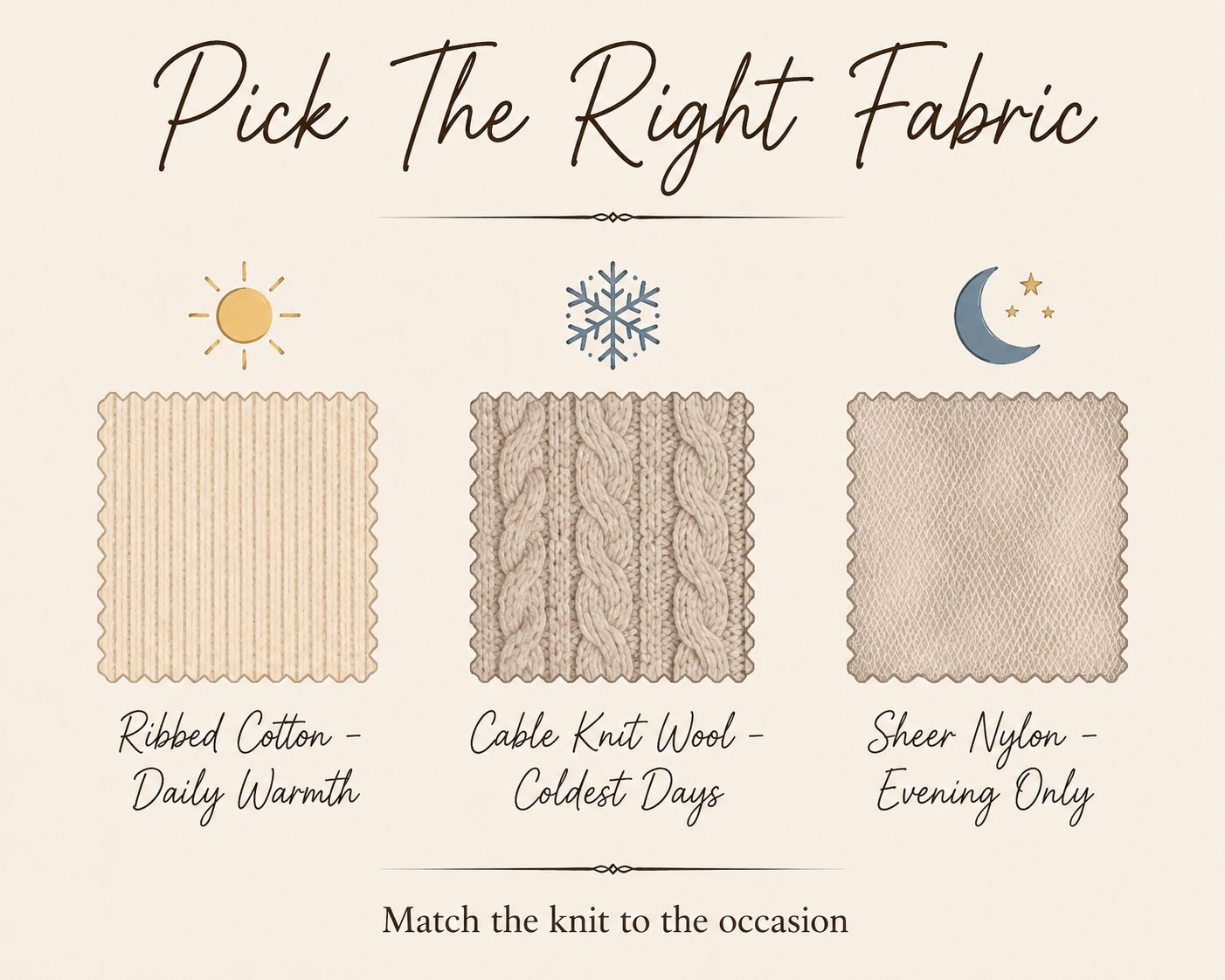 Fabric guide comparing ribbed cotton, cable knit wool, and sheer nylon knee high socks