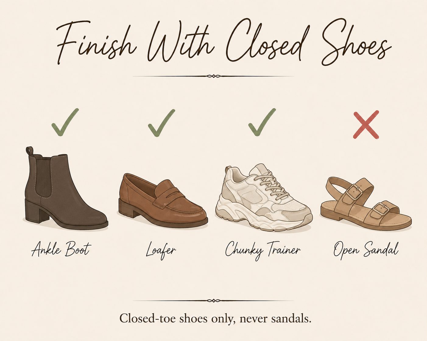 Diagram showing which shoes pair with knee high socks: ankle boot, loafer, and trainer, not sandals