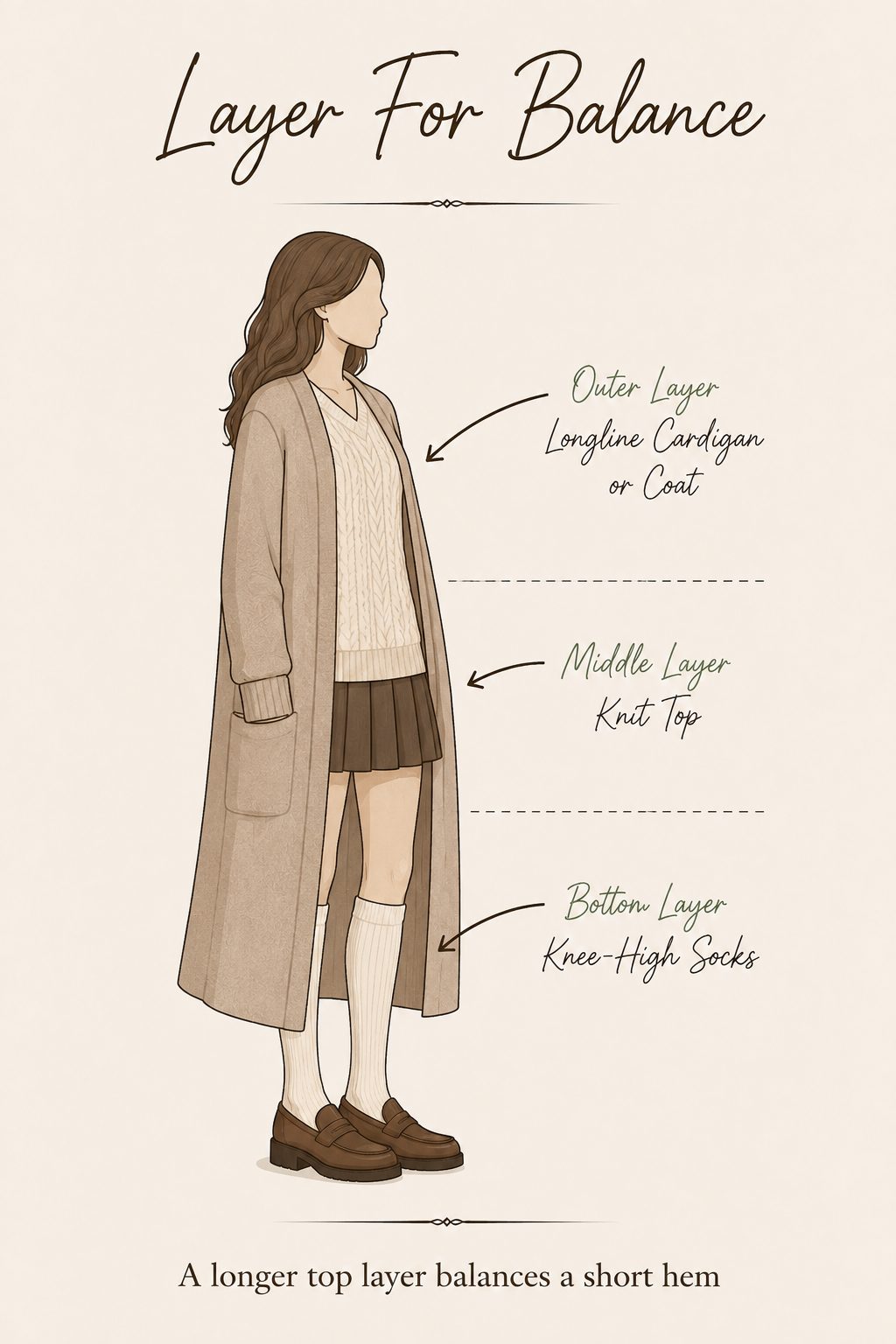 Illustration showing how to layer a longline cardigan and coat over knee high socks