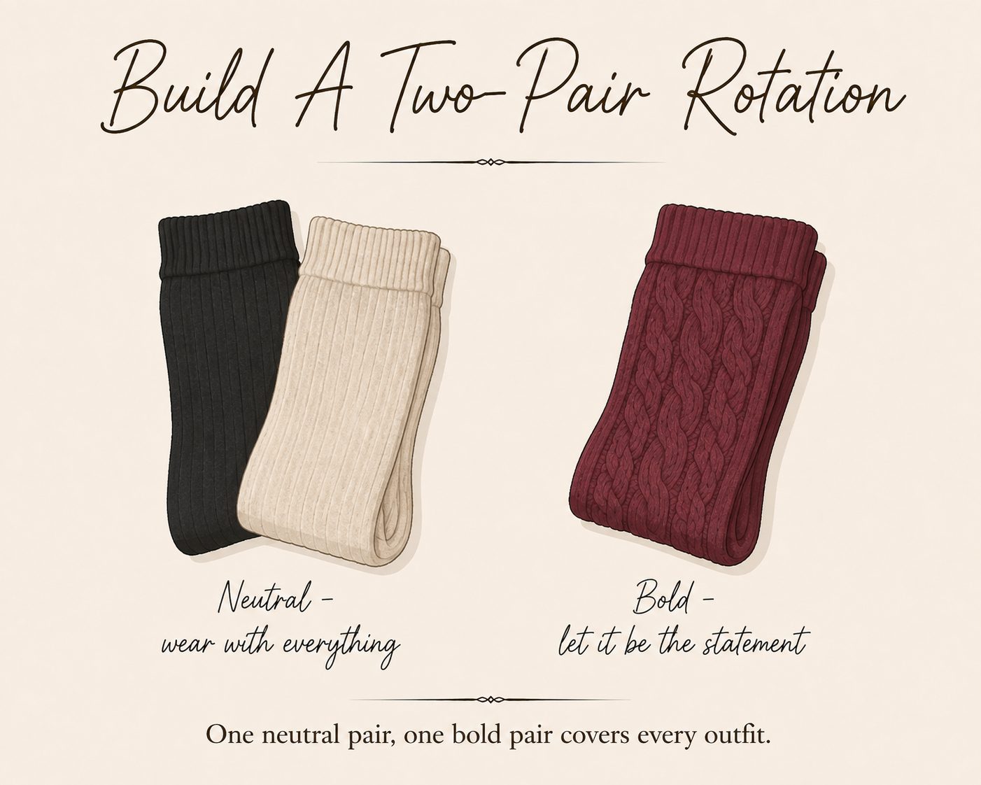Illustration of a neutral and a bold knee high sock pair for a two-pair rotation