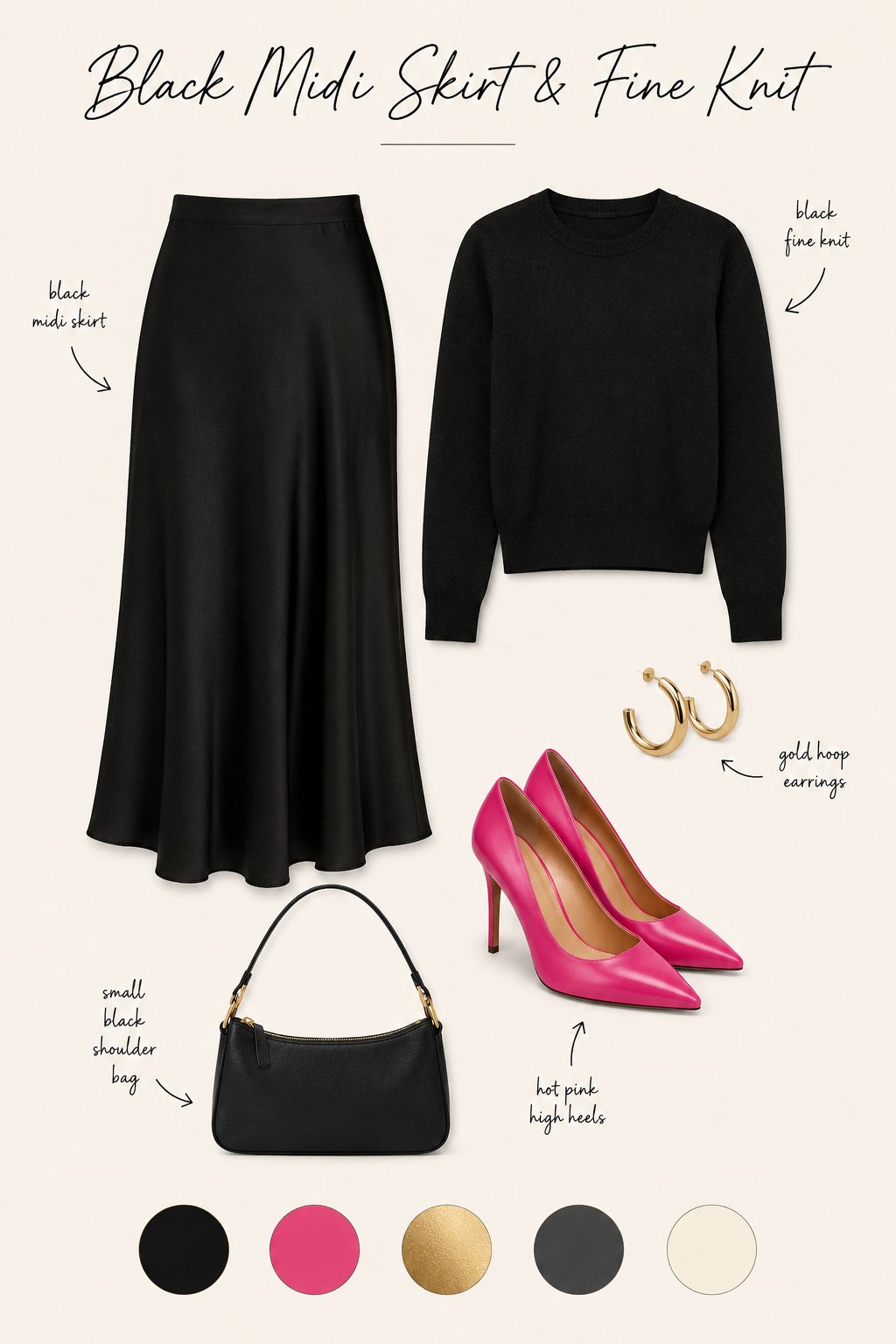 Black midi skirt and fine knit with hot pink heels collage