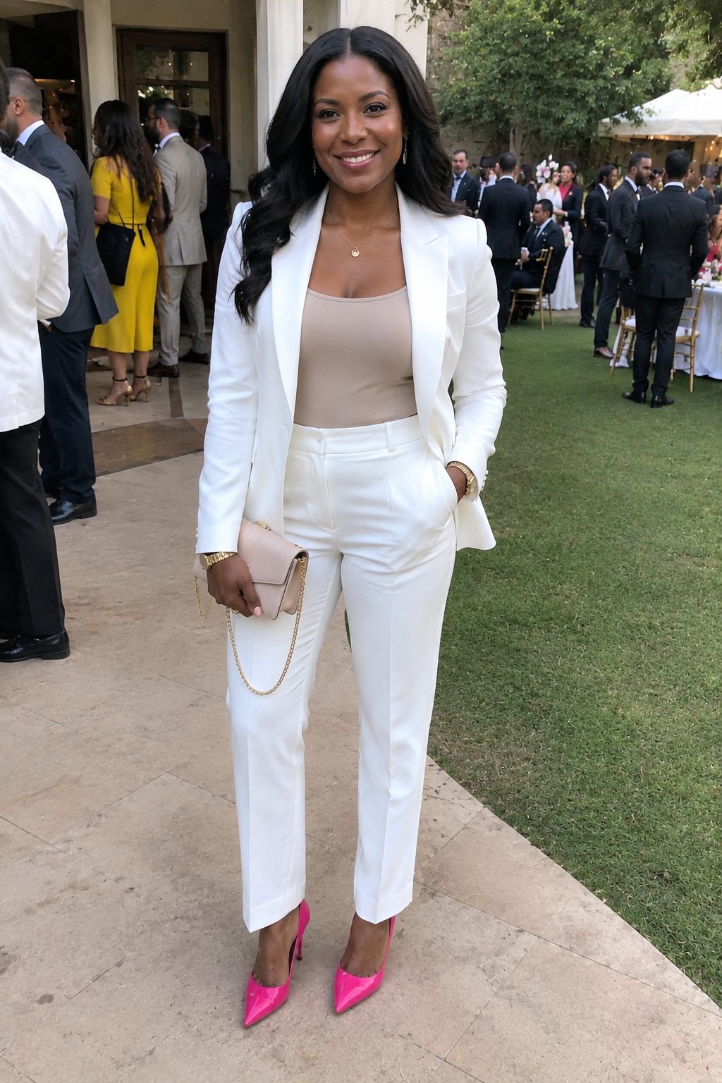 White trouser suit with hot pink heels