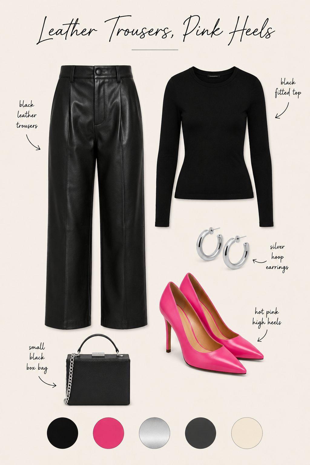 Leather trousers with a plain top and hot pink heels collage